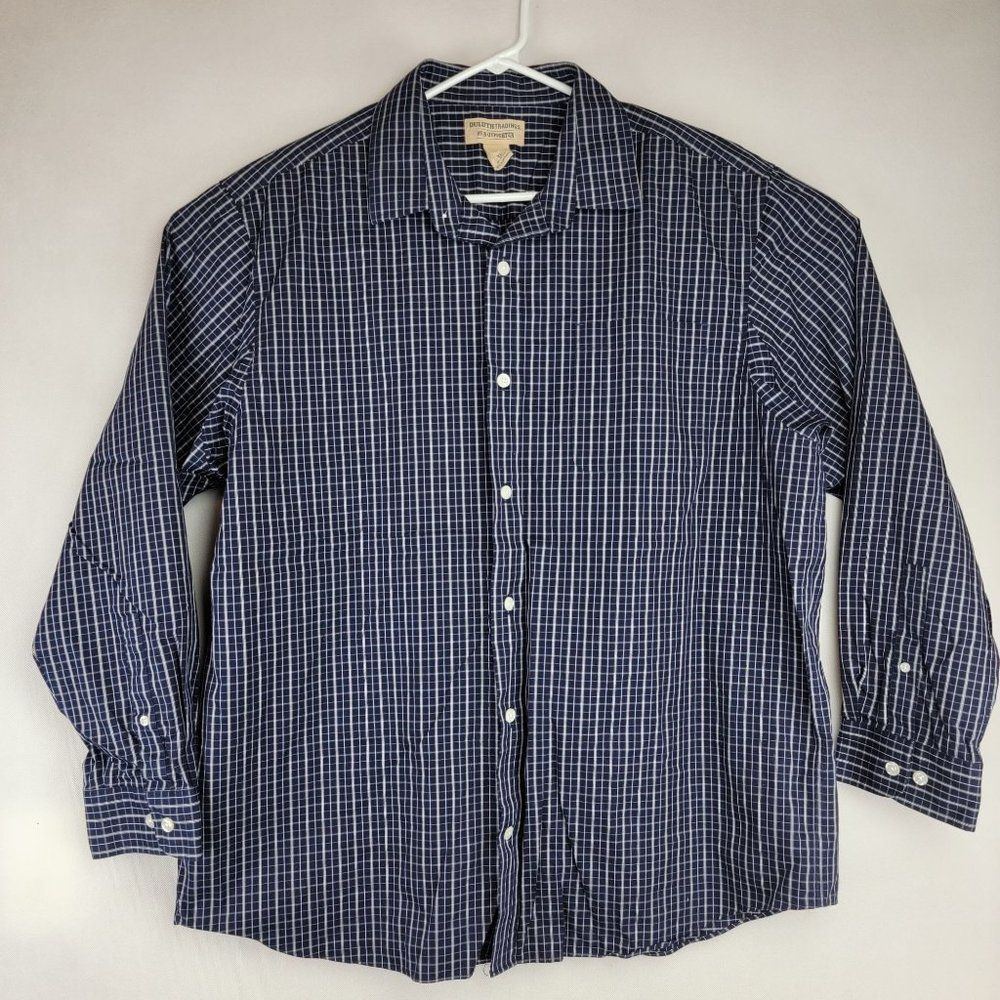 Duluth Trading Co Mens Size XL Navy Blue Check Wrinkle Fighter LS Shirt